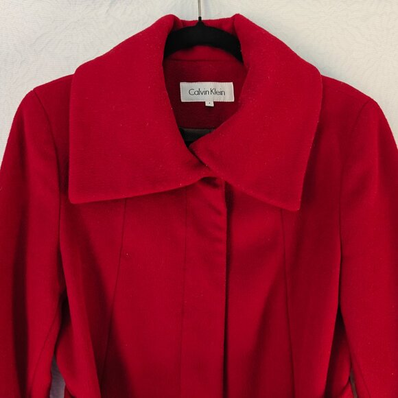 CALVIN KLEIN Wool-Blend Coat with Belt Pockets Red Size 4 - Picture 2 of 12